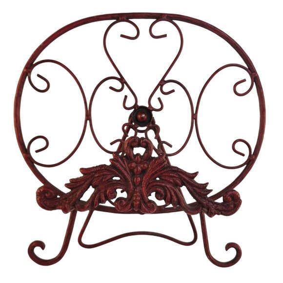 Red Scrolled Metal Decorative Plate Stand Holder Red Cast Iron Home Kitchen Art - Picture 6 of 15